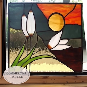 Digital download Pattern Sunset scene with reeds and lake PUN248 , Diy Stained Glass Easy Stained Glass Art Project