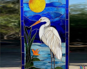 digital download pattern  PUN538 Egret Stained Glass Panel – White Heron Window Hanging , Large Bird Suncatcher for Nature Lovers