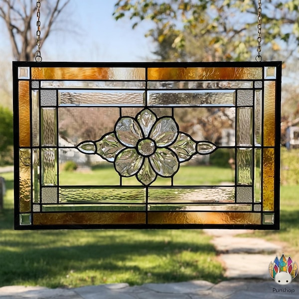 Digital download PUN655 Elegant Clear Stained Glass Flower Panel Pattern – Tiffany Style Window Design Template for Home or Studio Decor