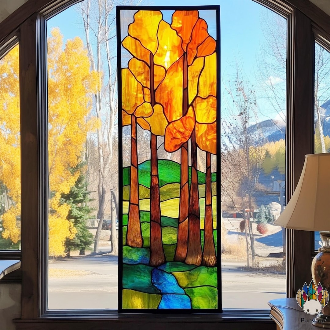 PUN690 Autumn Forest Stained Glass Pattern Template for Window Panel ...