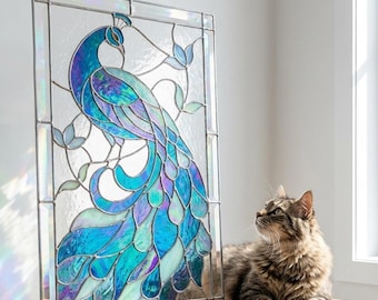 PUN1041 Panel de ventana con diseño de pavo real en vidrieras, elegante pájaro, archivo SVG PNG JPG