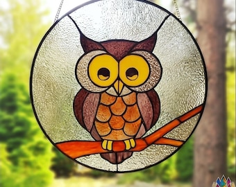 NPUN523 Owl Stained Glass Pattern – Digital Download Round Bird Template PDF for DIY