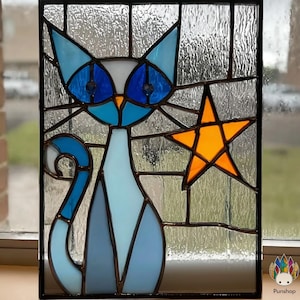 digital download pattern  NPUN440 Atomic Cat Retro Stained Glass, Diy Stained Glass Easy Stained Glass Art Project - Flile - SVG - PNG - JPG