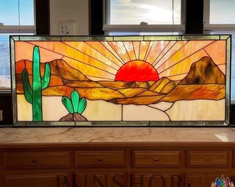 Pattern PUN589 Desert Sunset Stained Glass Pattern with Cactus and Mountains, DIY Window Panel Design, Instant Digital Download