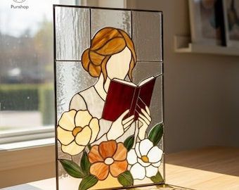 PUN821 Ragazza che legge un libro, motivo in vetro colorato, design floreale per pannello finestra, PDF PNG