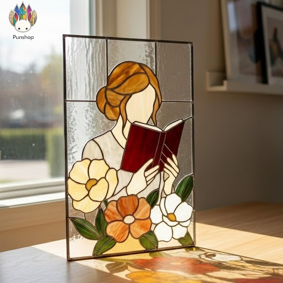 PUN821 Girl Reading Book Stained Glass Pattern, Floral Window Panel Design, PDF PNG