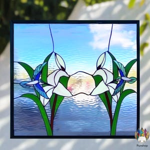 digital download pattern  Mirrored Hummingbird & Lily Stained Glass Window Panel PUN254 , Diy Stained Glass Easy Stained Glass Art Project