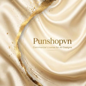 May include: A smooth, cream-colored satin fabric background with soft folds and a curved, textured gold brushstroke accent. The text reads Punshopvn Commercial License for All Designs in a dark brown serif font centered on the fabric surface.