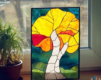 digital download PATTERNS NPUN520 Stained Glass Tree Panel – Yellow and Red Autumn Tree Suncatcher Window Art