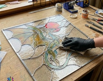 PUN752 Stained Glass Dragon Design Pattern, Fantasy Dragon Panel Template for Glass Art