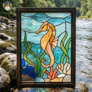 May include: Stained glass panel depicting an orange and peach seahorse in a turquoise and blue underwater scene. Green seaweed and coral are also visible. The artwork is framed in a dark brown wooden frame, suitable for wall display.