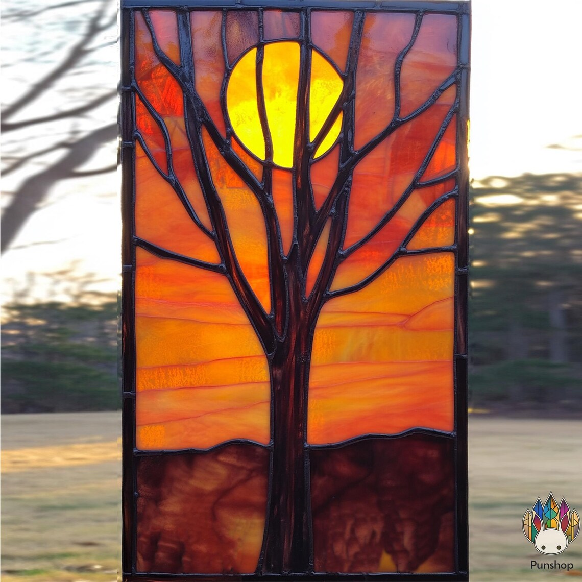 Digital Download Stained Glass Pattern Autumn Trees Against Orange Sky ...