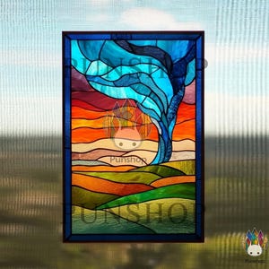 May include: A stained glass panel featuring a stylized tree with a blue trunk and branches against a vibrant sunset. The artwork incorporates shades of blue, orange, yellow, and green, with the text "Punshop" visible.