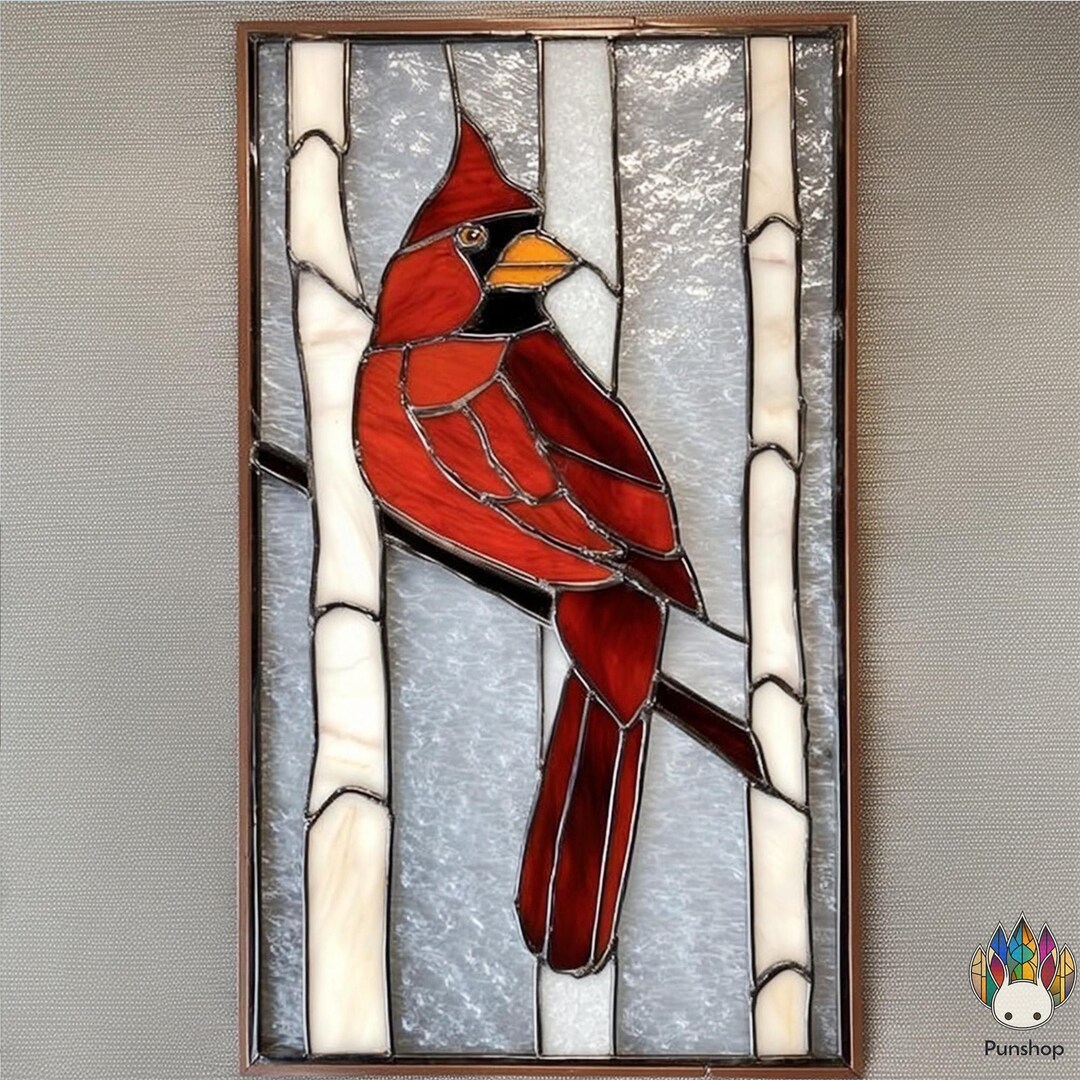 PUN716 Stained Glass Cardinal Bird Design Pattern, Red Cardinal Floral ...