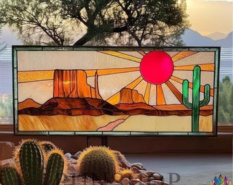 Pattern PUN591 Desert Sunset Stained Glass Pattern, Cactus Mountain Landscape Window Panel, DIY Glass Design Template, Instant Download