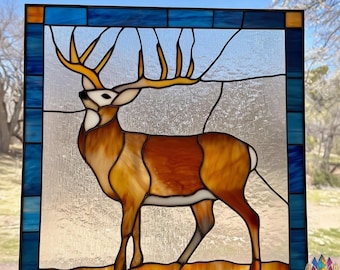 Deer Stained Glass Pattern, Woodland Elk Window Panel Design, Rustic Nature Glass Art PDF Templat - PUN712