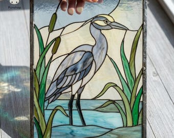 PUN1141 Reiher Glasmalerei PDF, Küstenvogel Fenstertafel Suncatcher DIY Art