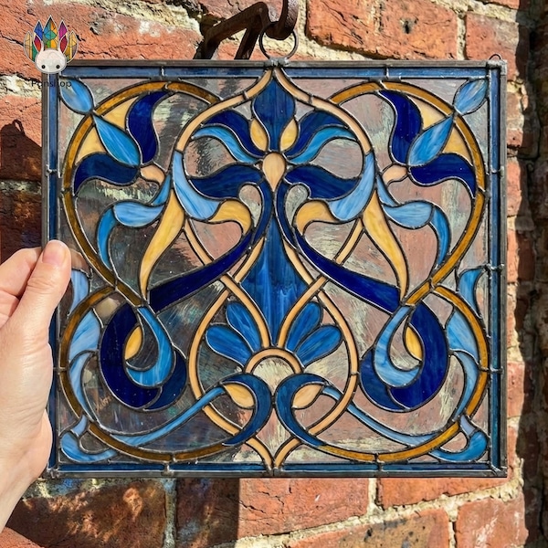 PUN1032 Commercial Licences   Punshop vn Blue Stained Glass Pattern Art Nouveau Panel, Floral Vintage SVG PNG PDF