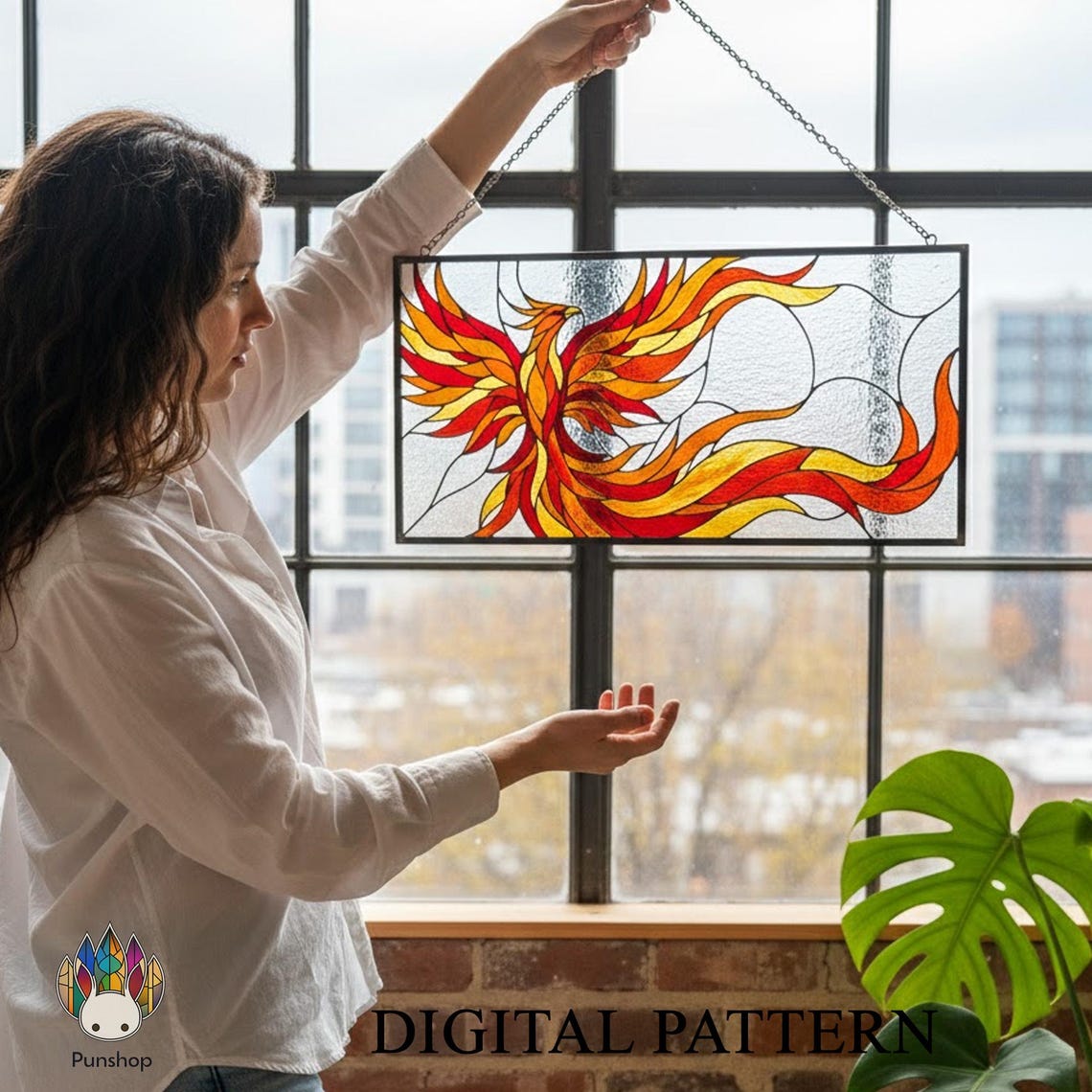 PUN865 Phoenix Stained Glass Pattern, Fire Bird Window Panel Design PDF ...