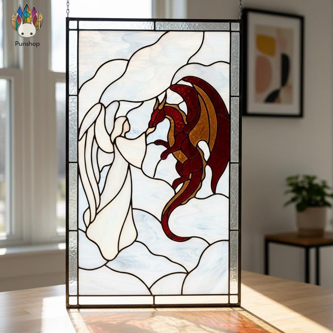 PUN820 Angel and Dragon Stained Glass Pattern, Fantasy Window Panel ...