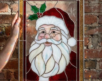 PUN1379 Patrón de panel de vidriera de Papá Noel, plantilla SVG PDF DIY de Papá Noel navideño