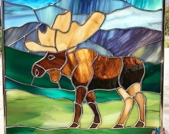 digital download pattern  PUN535 Moose Stained Glass Pattern – Wildlife Window Panel Suncatcher Digital Download PDF