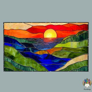 May include: Stained glass panel showing a sunset over a landscape. The sun is a bright yellow orb, setting over a blue body of water. The sky transitions from orange to red. Green and blue hills are in the foreground.