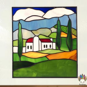 Digital Stained Glass Pattern artwork countryside scene PUN36  , Diy Stained Glass Easy Stained Glass Art Project