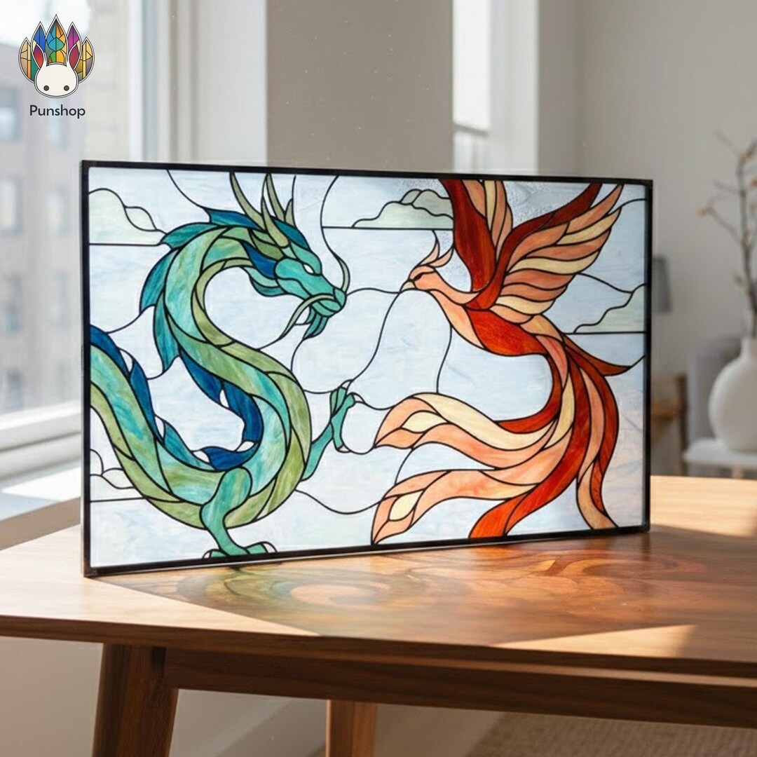 PUN879 Dragon and Phoenix Stained Glass Pattern PDF, Fantasy Window ...