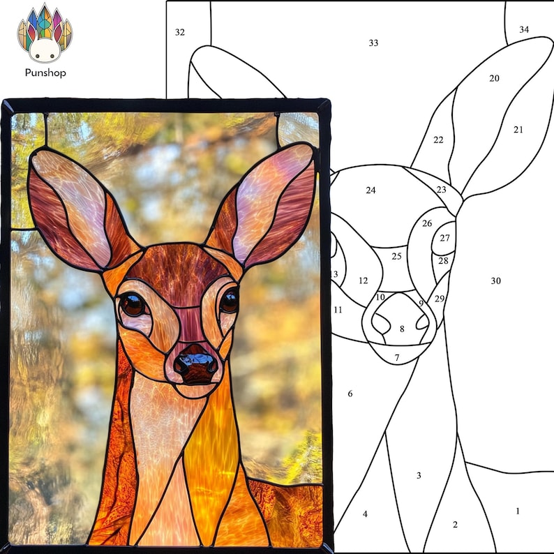 May include: A stained glass art piece depicting a close-up of a fawn's face. The fawn's fur is a mix of brown, orange, and yellow. The background is a blurry image of fall foliage.
