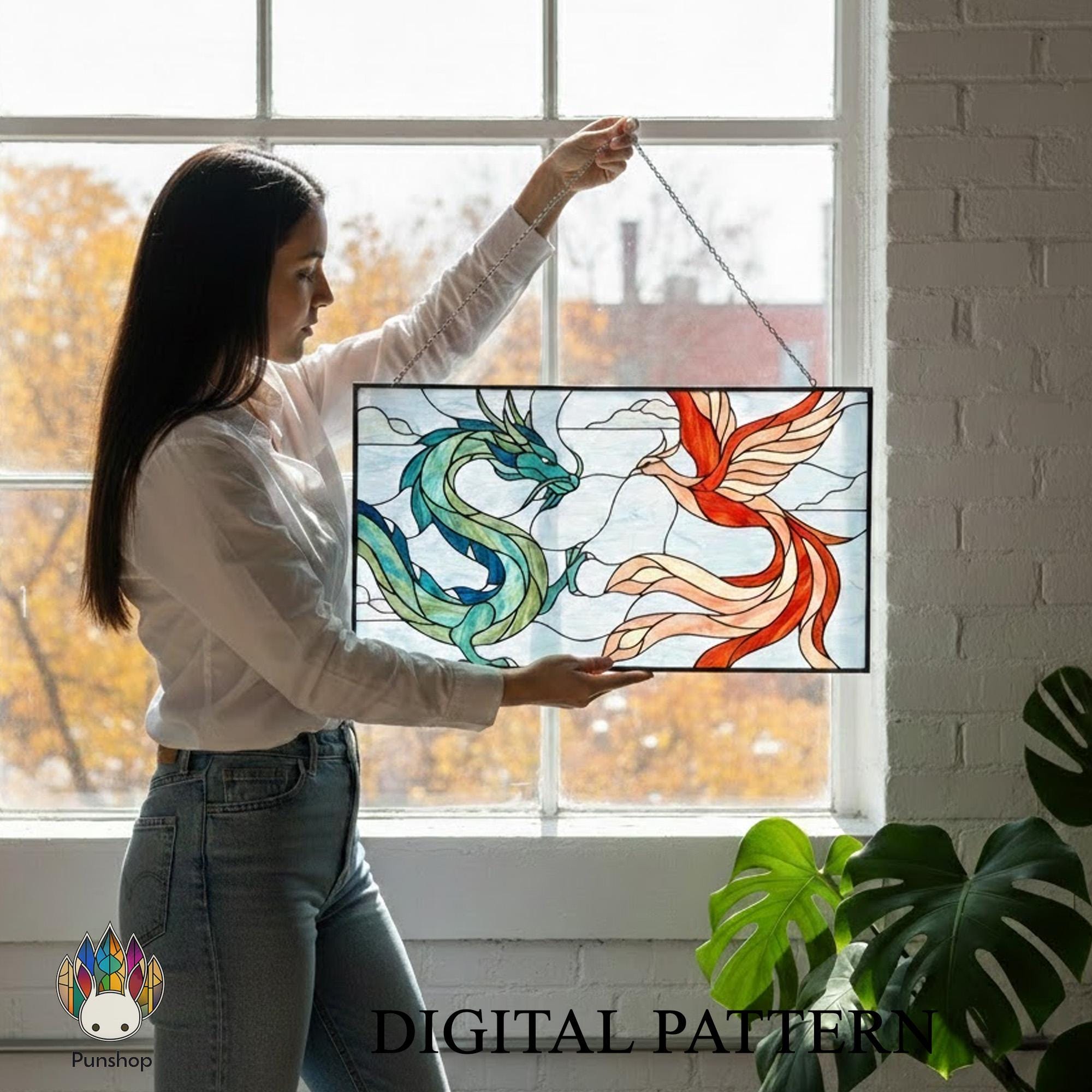 PUN879 Dragon and Phoenix Stained Glass Pattern PDF, Fantasy Window ...