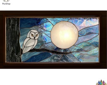 Digital Download NPUN492 Stained Glass Pattern -Stained Glass Owl Panel – Snowy Owl and Full Moon Window Hanging