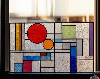 PUN552 モダンな幾何学模様のステンドグラスパターン デジタル抽象長方形パネル（円とカラーブロック付き） DIYガラスアートテンプレート