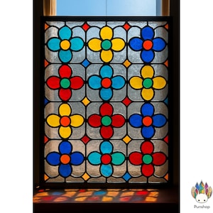 Digital download pattern NPUN481 Colorful Floral Stained Glass , Vintage Flower Panel - Stained Glass Pattern,Geometric Flower , Rainbow
