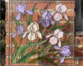 PUN1138 Purple Iris Stained Glass Pattern PDF, Floral Fenster Panel Vorlage DIY Jugendstil