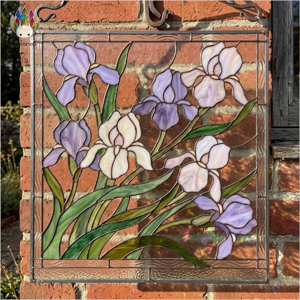 PUN1138 Purple Iris Stained Glass Pattern PDF, Floral Window Panel Template DIY Art Nouveau