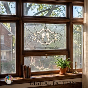May include: A stained glass window with a floral design in a wooden frame. The window features a central white and cream-colored motif with surrounding clear and colored glass. The text "DIGITAL PATTERN" is at the bottom.