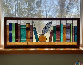 PUN896 Patrón de vitral para estantería, diseño en PDF para panel de ventana de biblioteca