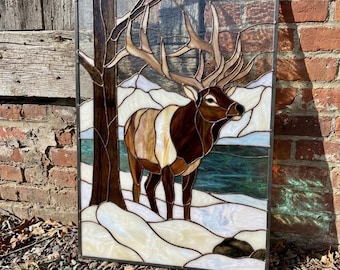 PUN1436 Elk Stained Glass Pattern, Wildlife Tiffany Deer PDF SVG Digital Template
