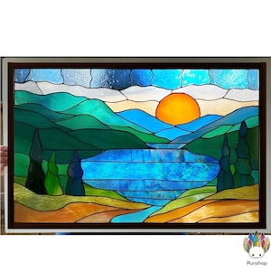 PUN688 Mall för fönsterdekoration med målat glas, solnedgång och sjölandskap
