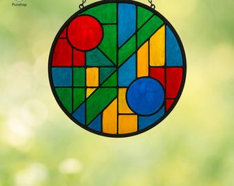 May include: A round stained glass window with a geometric design. The window features a black border and is divided into sections of red, green, blue, and yellow. A chain is attached for hanging. The Punshop logo is in the upper left corner.