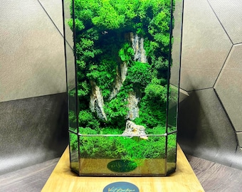 Geometric Moss Terrarium with Stone | Handmade Glass Decor | Zen Gift Nature Lovers