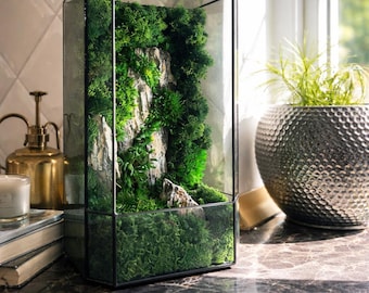 Geometric Moss Terrarium with Stone | Handmade Glass Decor | Zen Gift Nature Lovers