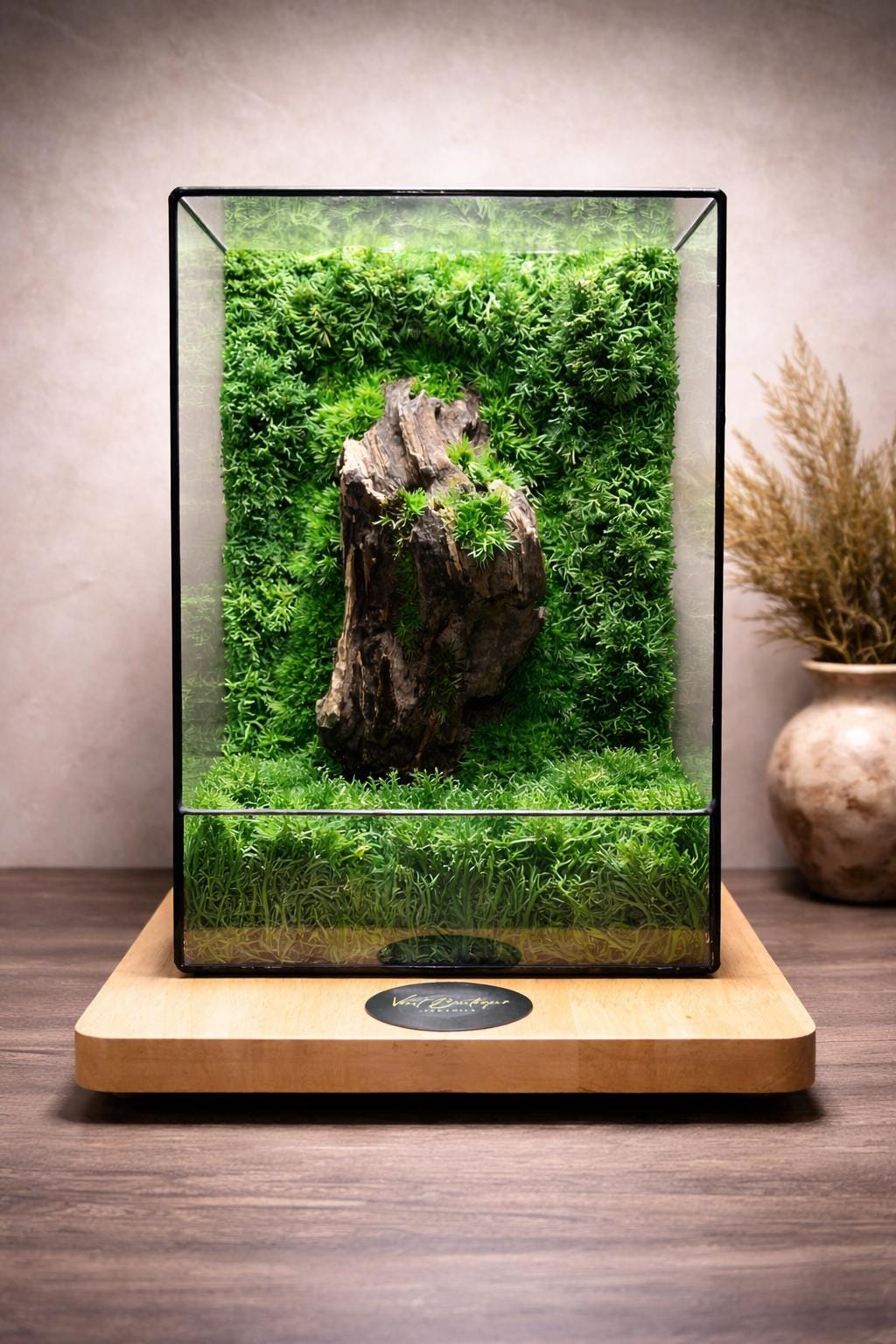 生苔　木製フレーム LED苔テラリウム 木製＆苔製テラリウム（LEDライト付き）：手作りホームデコレーション