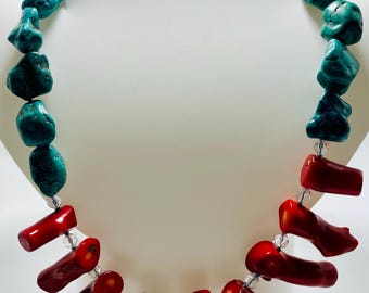 Turquoise Nugget & Coral Branch Necklace - Unique Handmade Jewelry