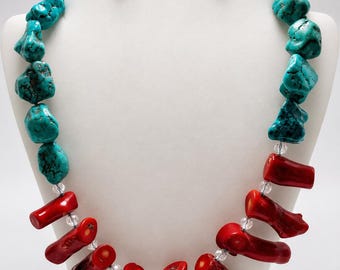 Turquoise Nugget & Coral Branch Necklace - Unique Handmade Jewelry