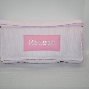 Light Pink Seersucker Stripe Kids Batting Nap Mat with Light Pink Minky Dot Blanket