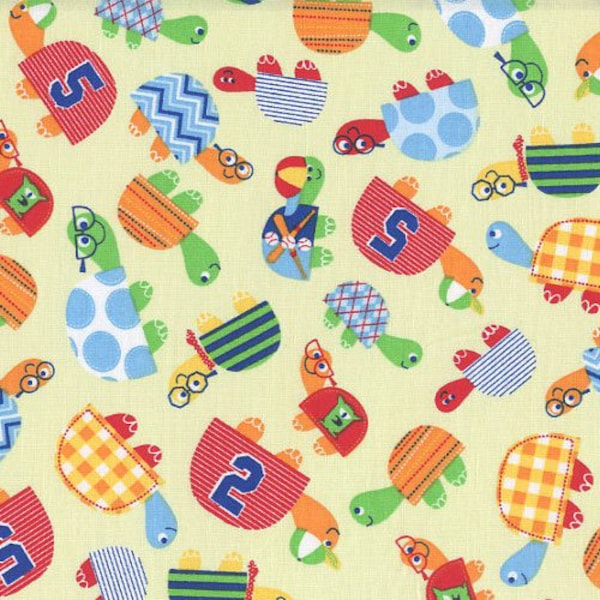 Turtle Champions on Yellow Cotton Fabric, Baseball Sport Boy Turtles Reptile Novelty Apparel Quilting, 1 Yard or More