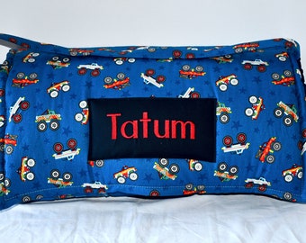 Monster Motor Off Road Truck Kids Nap Mat with Navy Minky Dot Blanket, Personalized Preschool Kinder Toddler Sleeping Daycare Nap Mat
