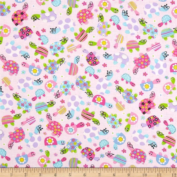 Turtle Champions on Pink Cotton Fabric, Princess Flower Girl Turtles Reptile Novelty Apparel Quilting, 1 Yard or More